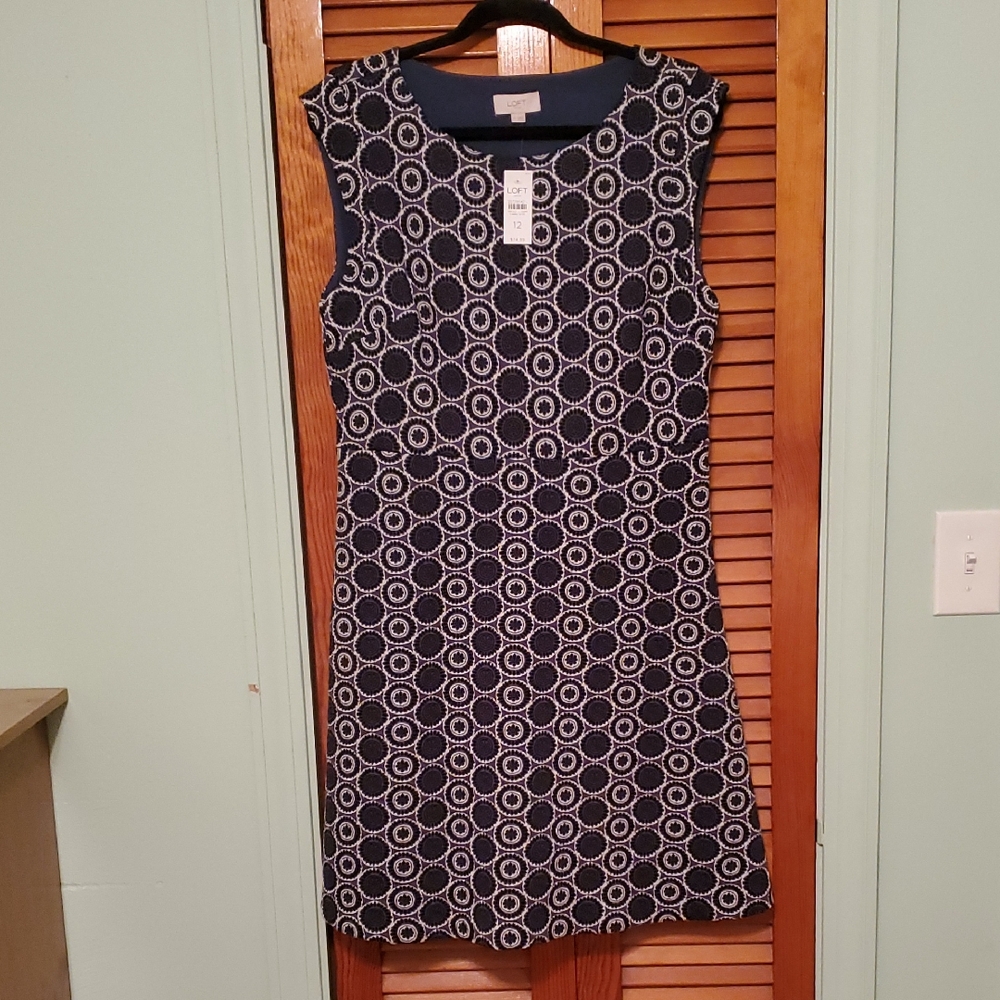 LOFT Navy and White Circle Pattern Midi Dress